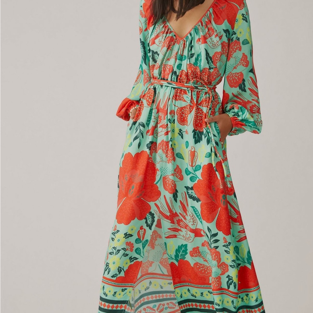 Anthropologie Red and Green Ruffled Sundress with Bishop Sleeves
